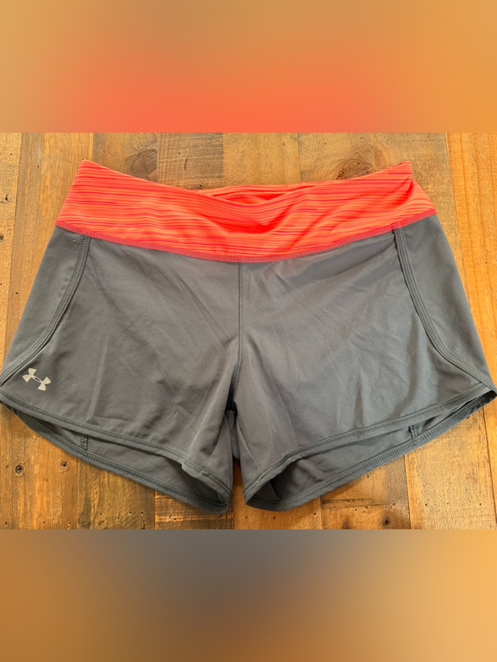 Under Armour Gray Athletic Shorts with Coral-Striped Waistband